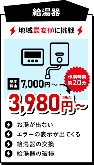 給湯器 3980円（税込）~ 作業時間約20分