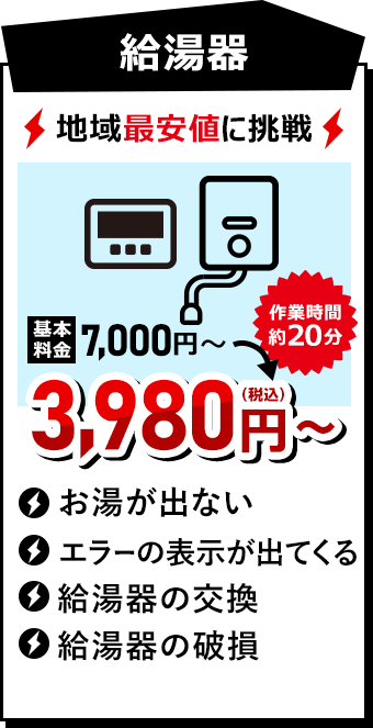 給湯器 3980円（税込）~ 作業時間約20分